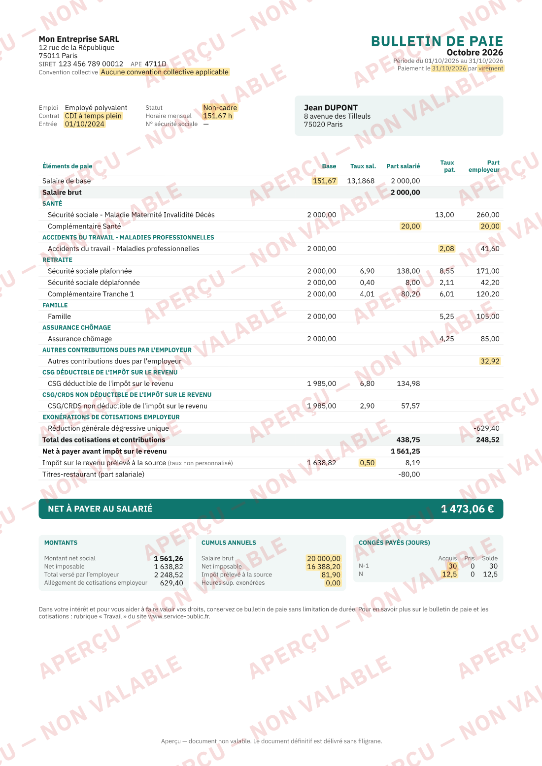 Exemple de bulletin de paie (Jean Dupont, Mon Entreprise SARL)